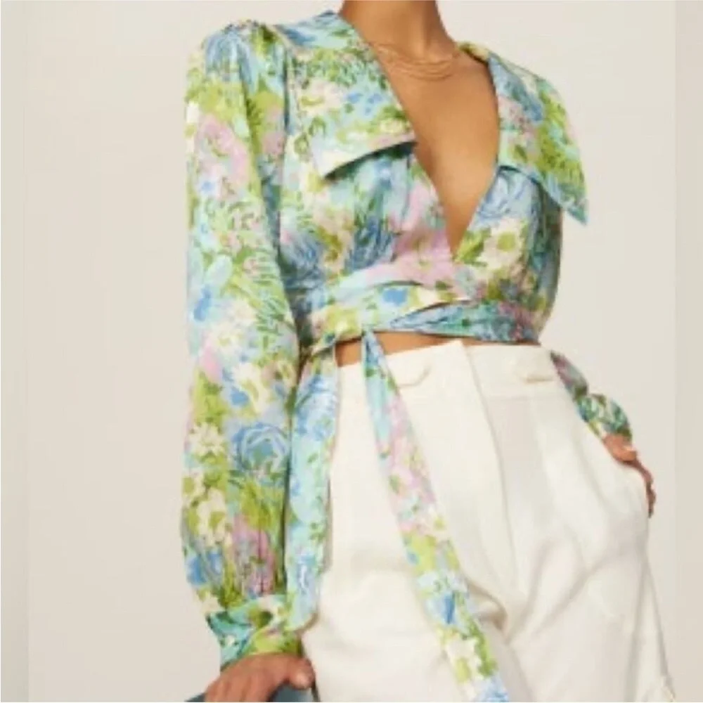 Ronny Kobo- Green and Purple Floral Demna Longsleeve Tie Cropped Top